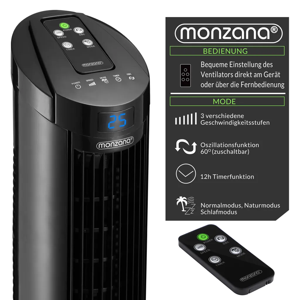 Monzana Turmventilator Fernbedienung 3 Geschwindigkeitsstufen Timer 70° Oszillation Flüsterleise Ventilator Standventilator, Farbe:schwarz - Image 4