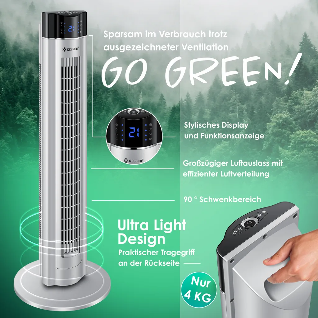 KESSER® Turmventilator Mit Fernbedienung | 3 Stufen | 3 Modi | 107cm | 60 Watt | 7,5 Timer | LED-Leuchten | Tower-Ventilator | Standventilator | Säulenventilator | Luftkühler 90° Oszillierend, Farbe:Silber - Image 3