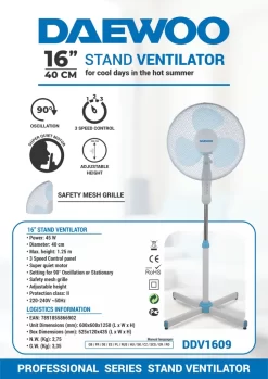 DAEWOO 16" Standventilator Ventilator 3 Geschwindugskeiten Windmaschine Lüfter 45 W