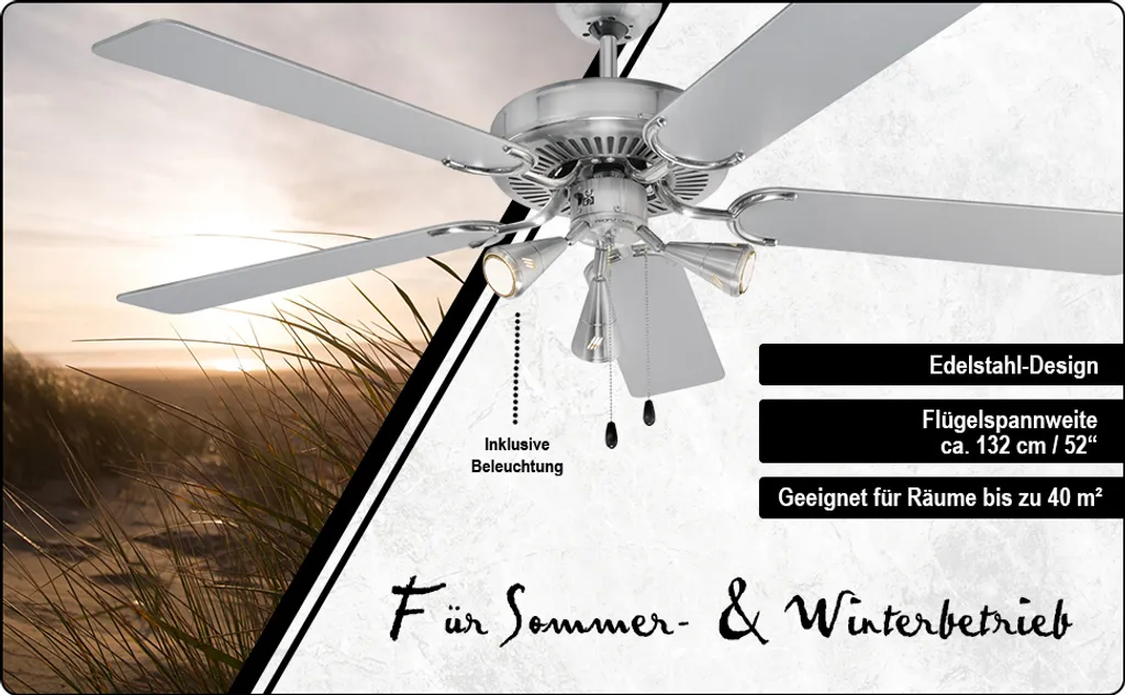 ProfiCare Deckenventilator PC-DVL 3078 5-Flügel-Ventilator Für Räume Bis 40 M² Inkl. Beleuchtung, 4 Leistungs-Stufen, 132cm Durchmesser, 60 Watt, Edelstahl - Image 9