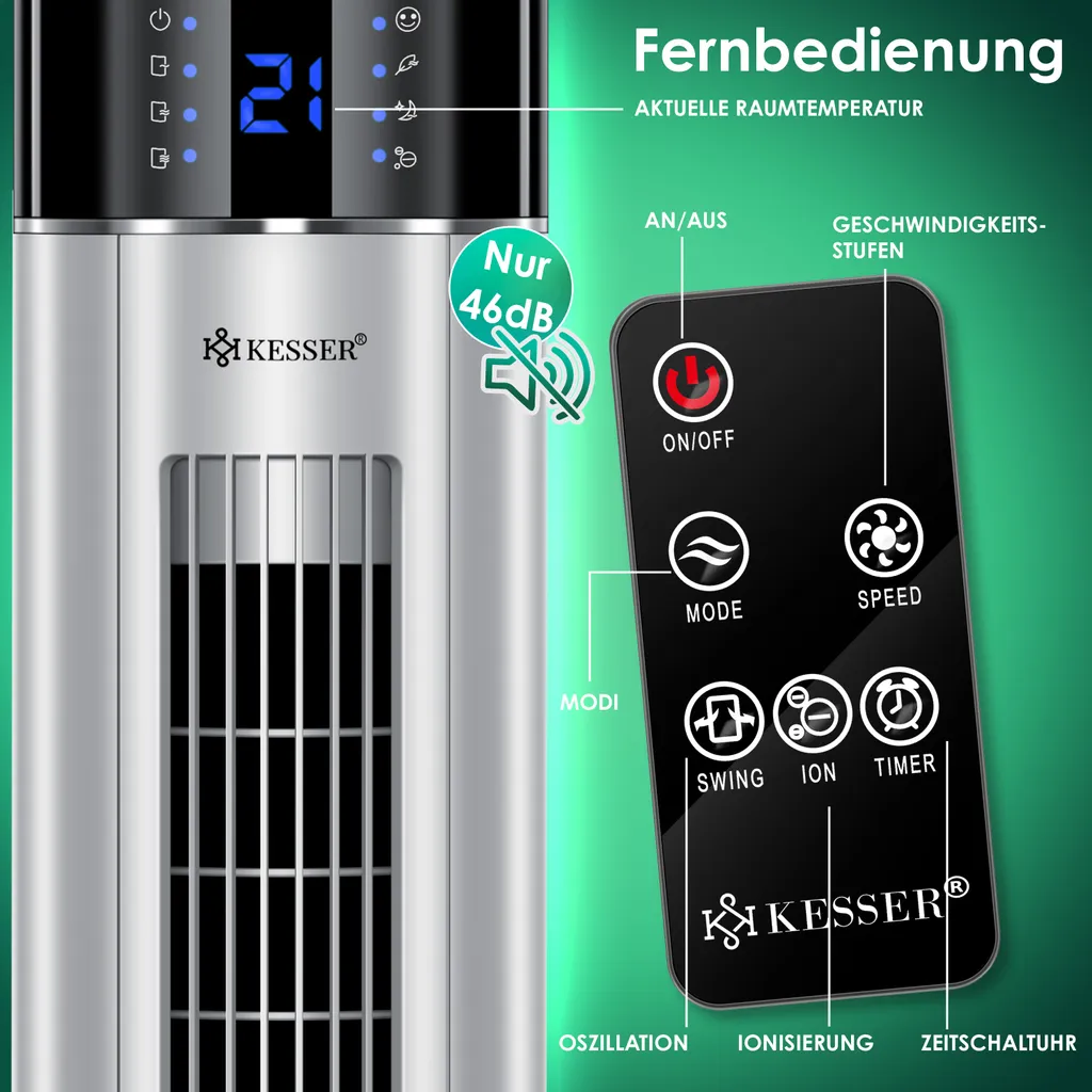 KESSER® Turmventilator Mit Fernbedienung | 3 Stufen | 3 Modi | 107cm | 60 Watt | 7,5 Timer | LED-Leuchten | Tower-Ventilator | Standventilator | Säulenventilator | Luftkühler 90° Oszillierend, Farbe:Silber - Image 8