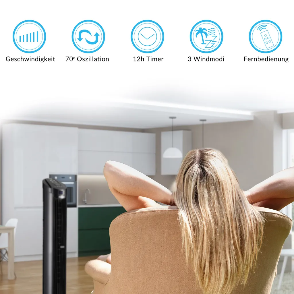 Monzana Turmventilator Fernbedienung 3 Geschwindigkeitsstufen Timer 70° Oszillation Flüsterleise Ventilator Standventilator, Farbe:schwarz - Image 2