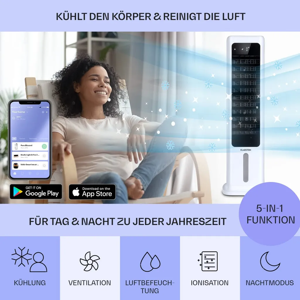 Klarstein Mobiles Klimagerät Ohne Abluftschlauch - 360° Luftkühler Mit Wasser Ventilator Luftbefeuchter Luftreiniger Funktion - App-Steuerung - 6L Wassertank - Klimaanlage Mobil Mit Fernbedienung – Bild 2