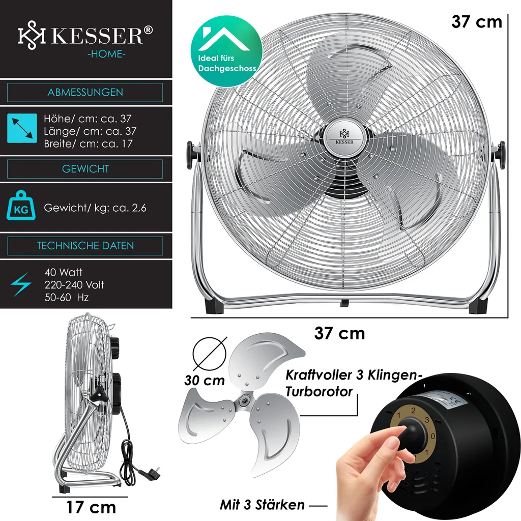 KESSER® Windmaschine Retro Stil | Ventilator In Chrom | Standventilator | Tischventilator Bodenventilator | 3-Stufen | Robuster Stand | Stufenlos Neigbarer Ventilatorkopf | Chrom Silber, Größe:Ø 30cm – Bild 9