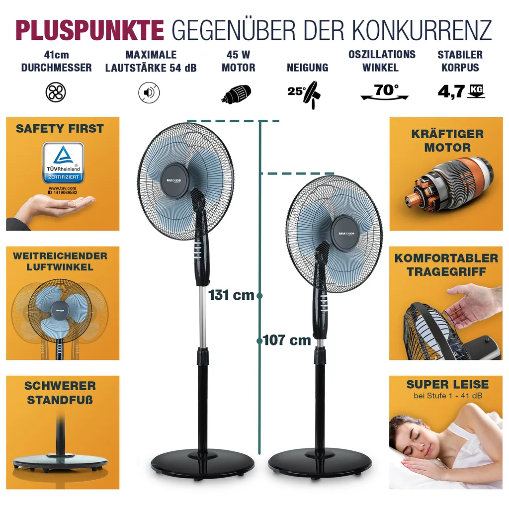 RelaxxNow Super Leiser Standventilator Mit 45W Motoren Leistung, Oszillierender Ventilator Mit 3 Geschwindigkeitsstufen Und Höhenverstellbarkeit Bis 131cm, 41 DB Schlafmodus & 41cm Durchmesser, VTX100 - Image 3