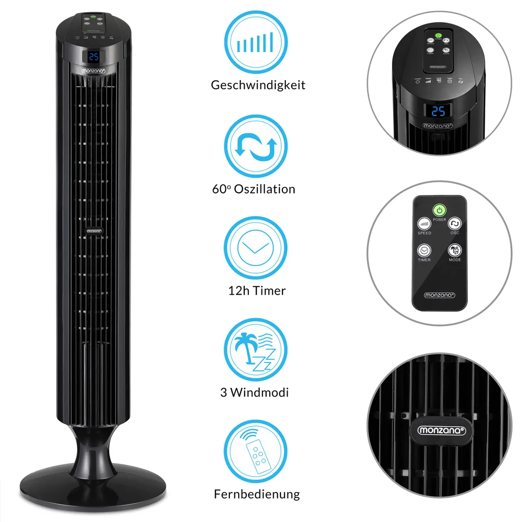 Monzana Turmventilator Fernbedienung 3 Geschwindigkeitsstufen Timer 70° Oszillation Flüsterleise Ventilator Standventilator, Farbe:schwarz - Image 9