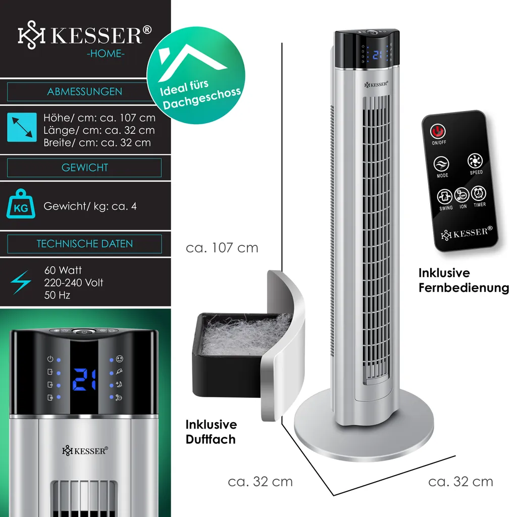 KESSER® Turmventilator Mit Fernbedienung | 3 Stufen | 3 Modi | 107cm | 60 Watt | 7,5 Timer | LED-Leuchten | Tower-Ventilator | Standventilator | Säulenventilator | Luftkühler 90° Oszillierend, Farbe:Silber - Image 7