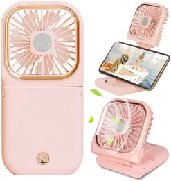 4 In 1 Handventilator, Tischventilator, Halslüfter, Handyhalter, Mit 3000mAh Powerbank, USB Faltbarer 3 Gang Ventilator, 180° Drehbarer Lüfter, Rosa