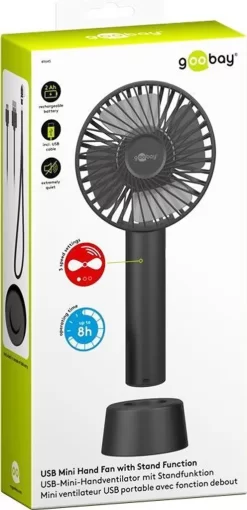 Goobay Tragbarer Handventilator Mit Standfuß - Geräuschlos, Wiederaufladbar - Mit Akku (2000mAh) Und Ladekabel, Schwarz