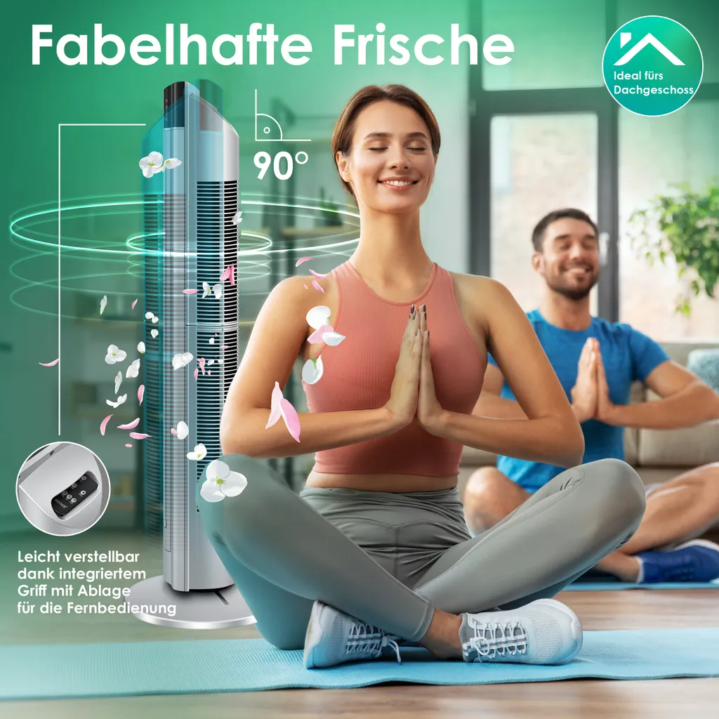KESSER® Turmventilator Mit Fernbedienung | 3 Stufen | 3 Modi | 107cm | 60 Watt | 7,5 Timer | LED-Leuchten | Tower-Ventilator | Standventilator | Säulenventilator | Luftkühler 90° Oszillierend, Farbe:Silber - Image 6