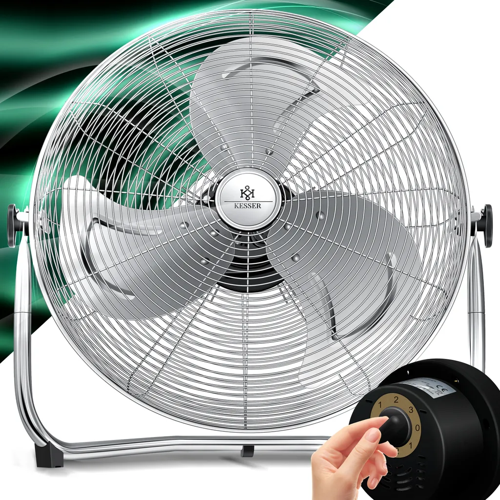 KESSER® Windmaschine Retro Stil | Ventilator In Chrom | Standventilator | Tischventilator Bodenventilator | 3-Stufen | Robuster Stand | Stufenlos Neigbarer Ventilatorkopf | Chrom Silber, Größe:Ø 30cm – Bild 3