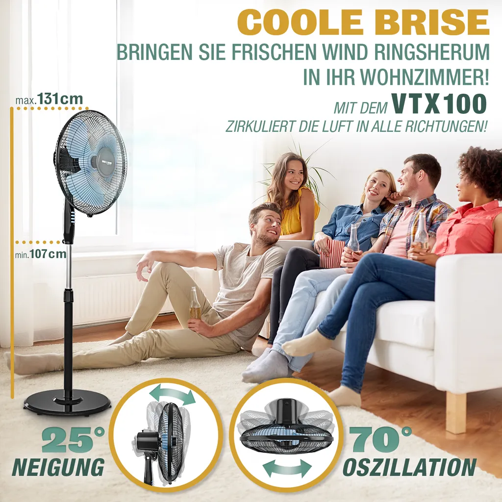 RelaxxNow Super Leiser Standventilator Mit 45W Motoren Leistung, Oszillierender Ventilator Mit 3 Geschwindigkeitsstufen Und Höhenverstellbarkeit Bis 131cm, 41 DB Schlafmodus & 41cm Durchmesser, VTX100 - Image 2