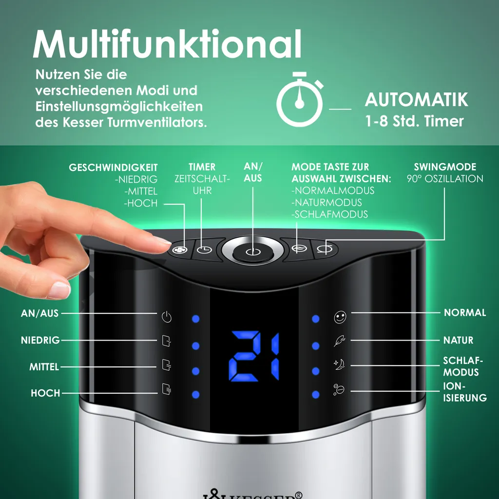 KESSER® Turmventilator Mit Fernbedienung | 3 Stufen | 3 Modi | 107cm | 60 Watt | 7,5 Timer | LED-Leuchten | Tower-Ventilator | Standventilator | Säulenventilator | Luftkühler 90° Oszillierend, Farbe:Silber - Image 4
