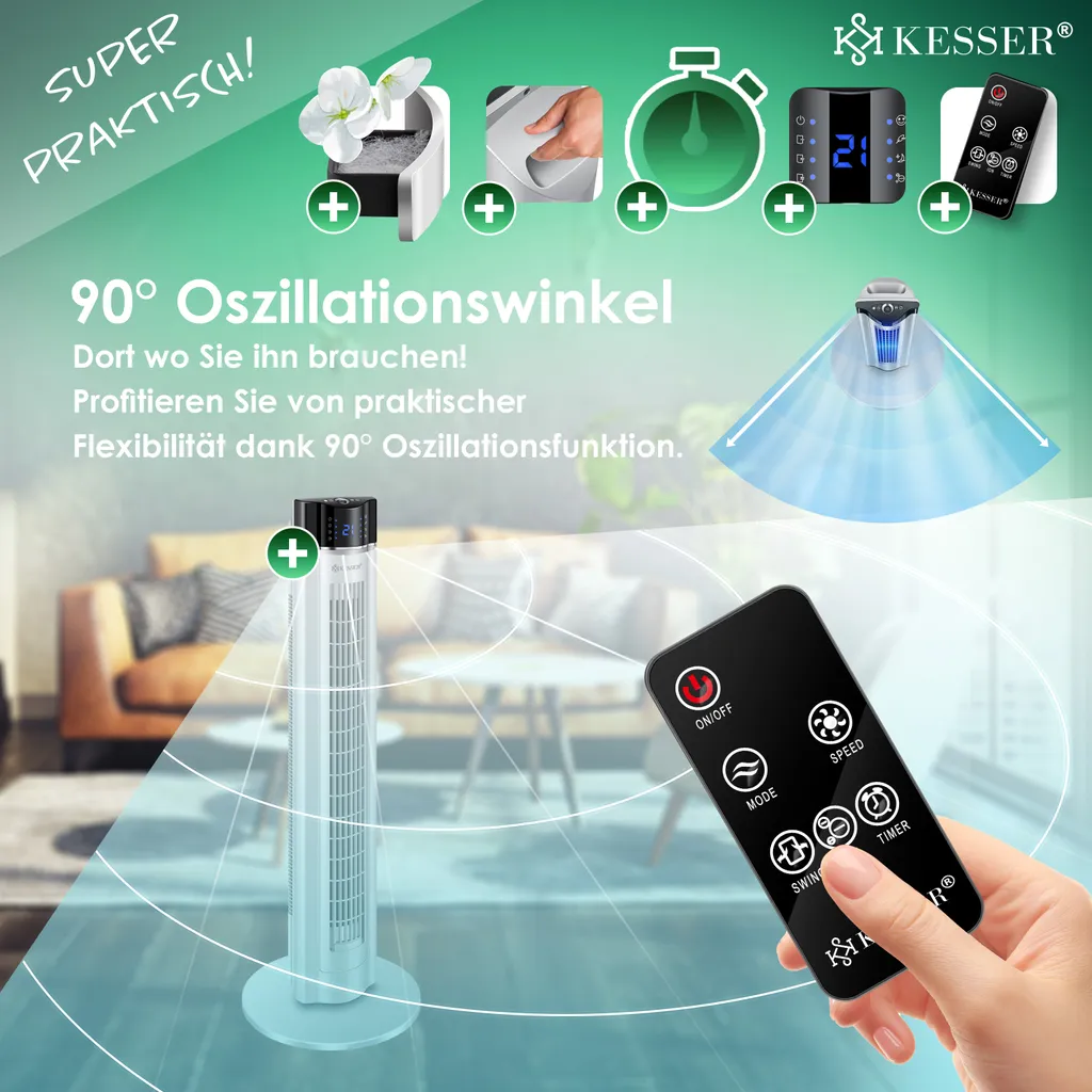 KESSER® Turmventilator Mit Fernbedienung | 3 Stufen | 3 Modi | 107cm | 60 Watt | 7,5 Timer | LED-Leuchten | Tower-Ventilator | Standventilator | Säulenventilator | Luftkühler 90° Oszillierend, Farbe:Silber - Image 9
