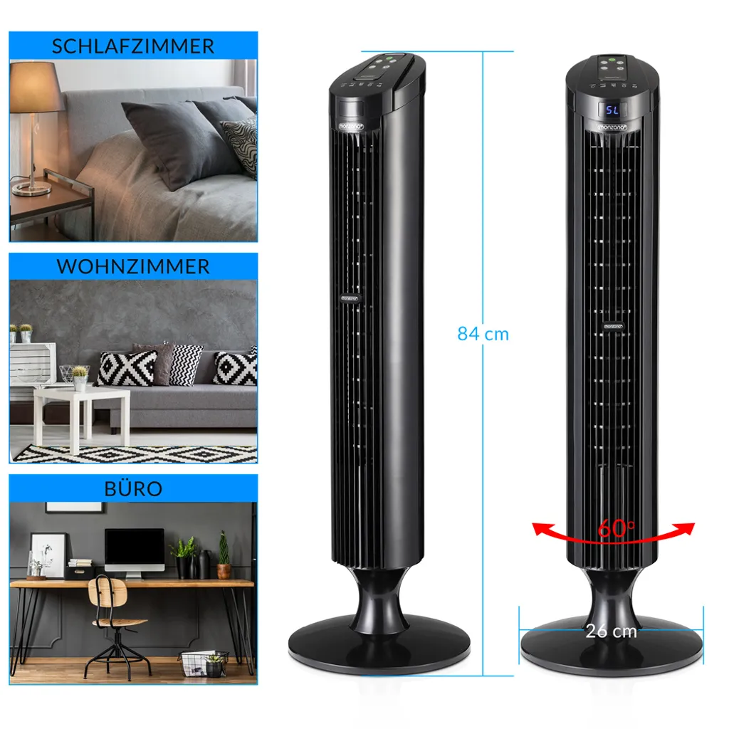 Monzana Turmventilator Fernbedienung 3 Geschwindigkeitsstufen Timer 70° Oszillation Flüsterleise Ventilator Standventilator, Farbe:schwarz - Image 6