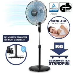 RelaxxNow Super Leiser Standventilator Mit 45W Motoren Leistung, Oszillierender Ventilator Mit 3 Geschwindigkeitsstufen Und Höhenverstellbarkeit Bis 131cm, 41 DB Schlafmodus & 41cm Durchmesser, VTX100