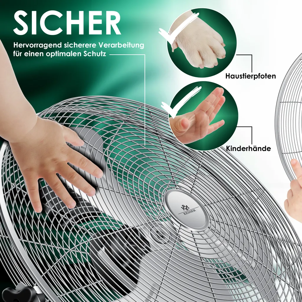 KESSER® Windmaschine Retro Stil | Ventilator In Chrom | Standventilator | Tischventilator Bodenventilator | 3-Stufen | Robuster Stand | Stufenlos Neigbarer Ventilatorkopf | Chrom Silber, Größe:Ø 30cm – Bild 6