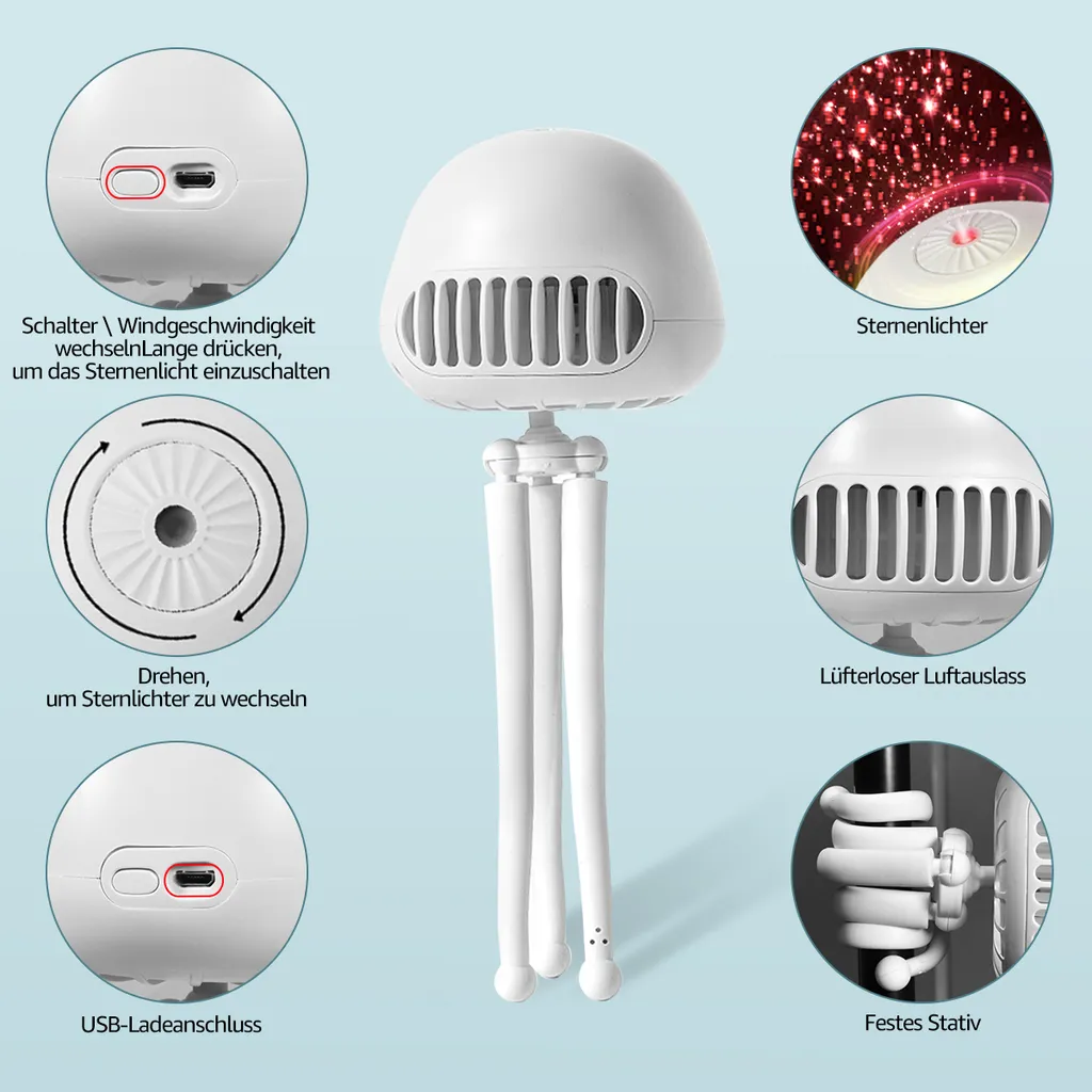 CMYBABEE Kinderwagen Ventilator, Tragbarer Blattloser Ventilator, 3-Gang-Optionen, Wiederaufladbarer, USB Ventilator, Für Kinderwagen, Schreibtisch, Zelt Und Reise, Handheld Ventilator-Weiß - Image 7