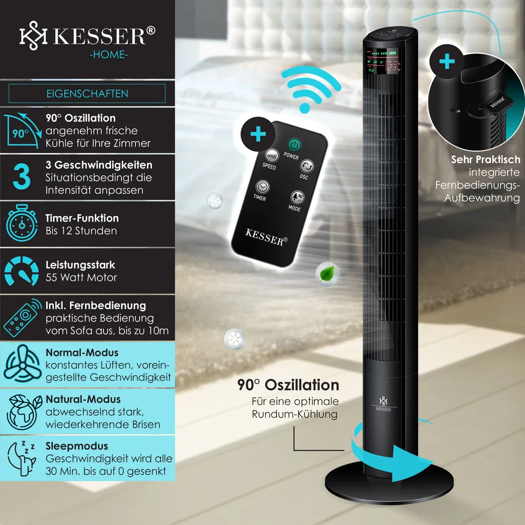 KESSER® Turmventilator Mit Fernbedienung | 120 Cm | Oszilation | 55W | LED-Display | Ventilator Mit 3 Geschwindigkeitsstufen + Timer Bis 12 Stunden + 3 Betriebsmodi + 90° Oszillierend Towerventilator, Farbe:Schwarz - Image 3