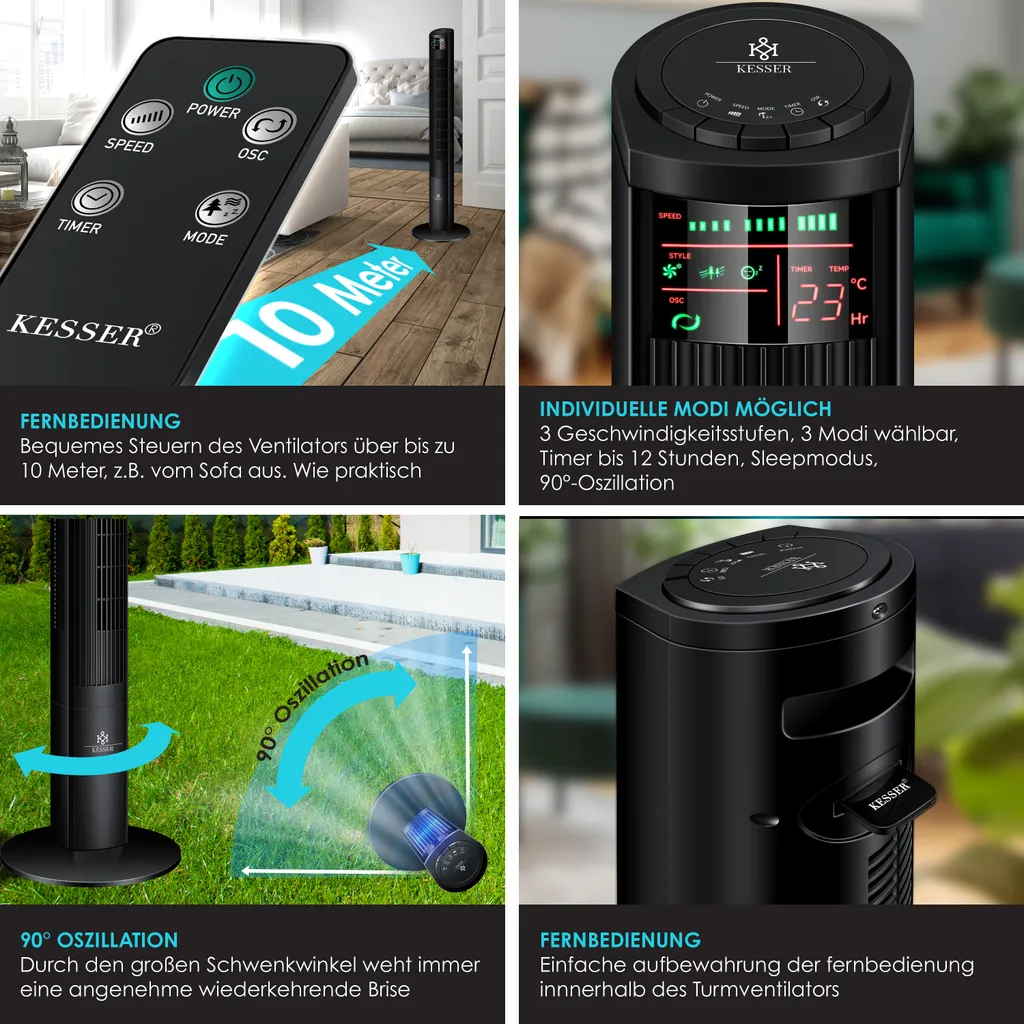 KESSER® Turmventilator Mit Fernbedienung | 120 Cm | Oszilation | 55W | LED-Display | Ventilator Mit 3 Geschwindigkeitsstufen + Timer Bis 12 Stunden + 3 Betriebsmodi + 90° Oszillierend Towerventilator, Farbe:Schwarz - Image 5
