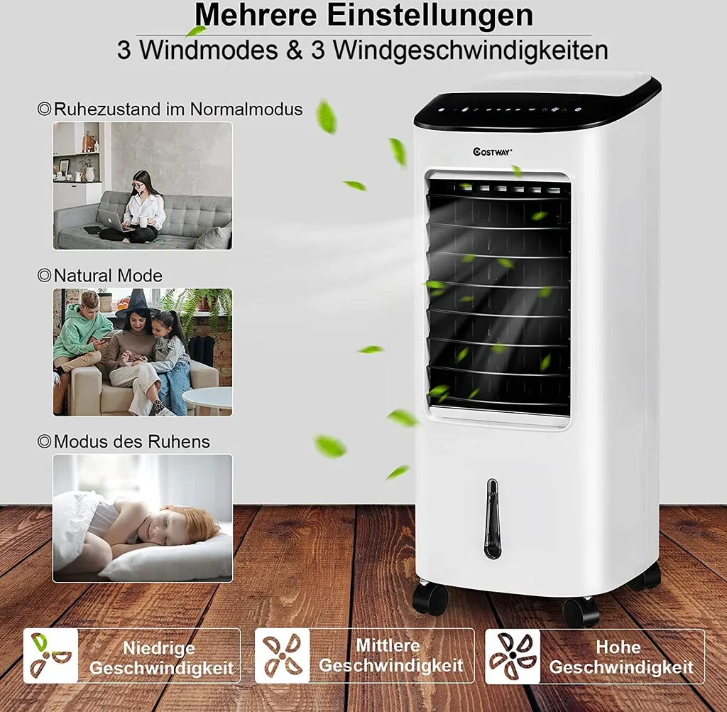 COSTWAY 4in1 Mobile Klimaanlage 65W, 3 Stufen Klimagerät 7L Tank, Inkl. 7,5H Timer, Fernbedienung & 2 Kühlakkus, Luftbefeuchter, Luftreiniger, Ventilator, Luftkühler, Aircooler – Bild 2