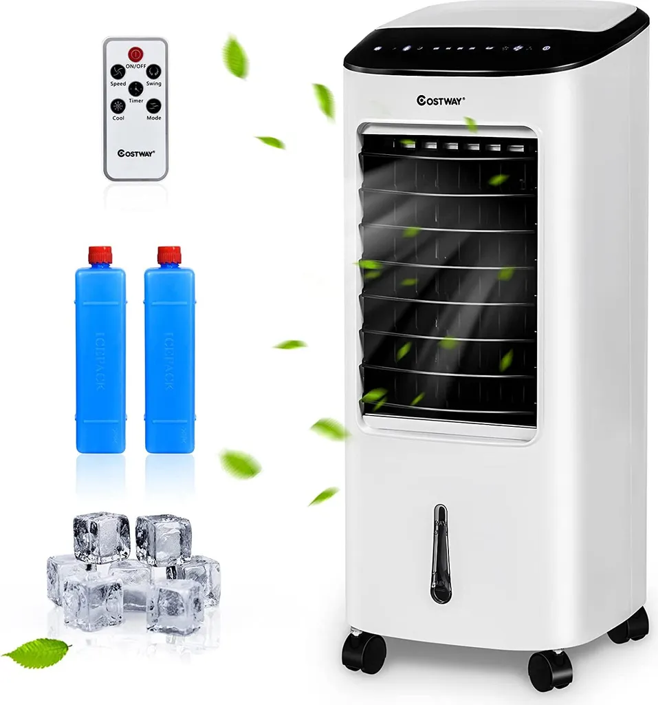 COSTWAY 4in1 Mobile Klimaanlage 65W, 3 Stufen Klimagerät 7L Tank, Inkl. 7,5H Timer, Fernbedienung & 2 Kühlakkus, Luftbefeuchter, Luftreiniger, Ventilator, Luftkühler, Aircooler