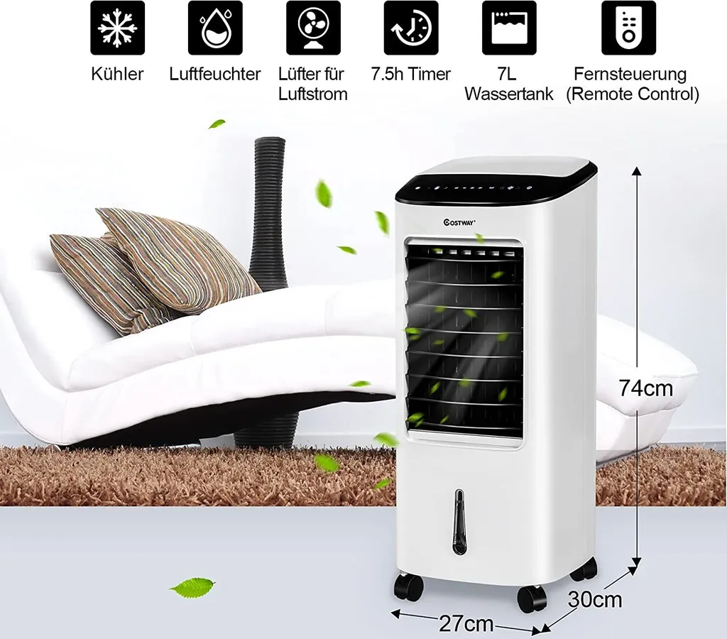 COSTWAY 4in1 Mobile Klimaanlage 65W, 3 Stufen Klimagerät 7L Tank, Inkl. 7,5H Timer, Fernbedienung & 2 Kühlakkus, Luftbefeuchter, Luftreiniger, Ventilator, Luftkühler, Aircooler – Bild 6