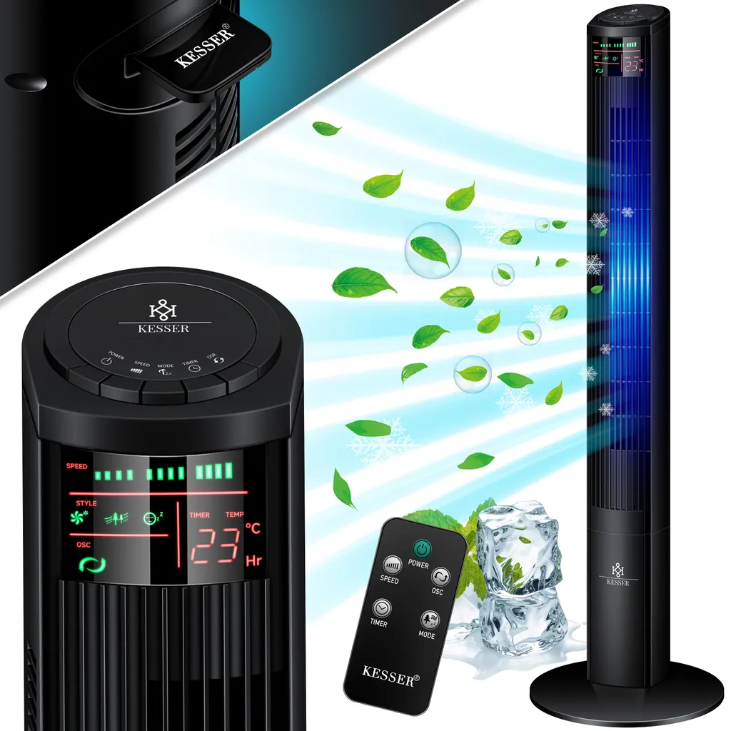 KESSER® Turmventilator Mit Fernbedienung | 120 Cm | Oszilation | 55W | LED-Display | Ventilator Mit 3 Geschwindigkeitsstufen + Timer Bis 12 Stunden + 3 Betriebsmodi + 90° Oszillierend Towerventilator, Farbe:Schwarz - Image 2