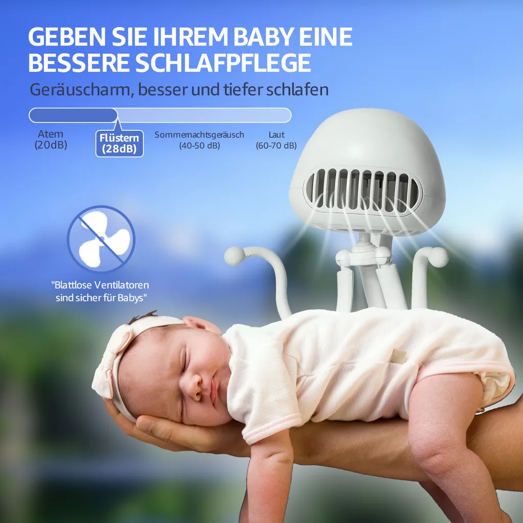 CMYBABEE Kinderwagen Ventilator, Tragbarer Blattloser Ventilator, 3-Gang-Optionen, Wiederaufladbarer, USB Ventilator, Für Kinderwagen, Schreibtisch, Zelt Und Reise, Handheld Ventilator-Weiß - Image 9