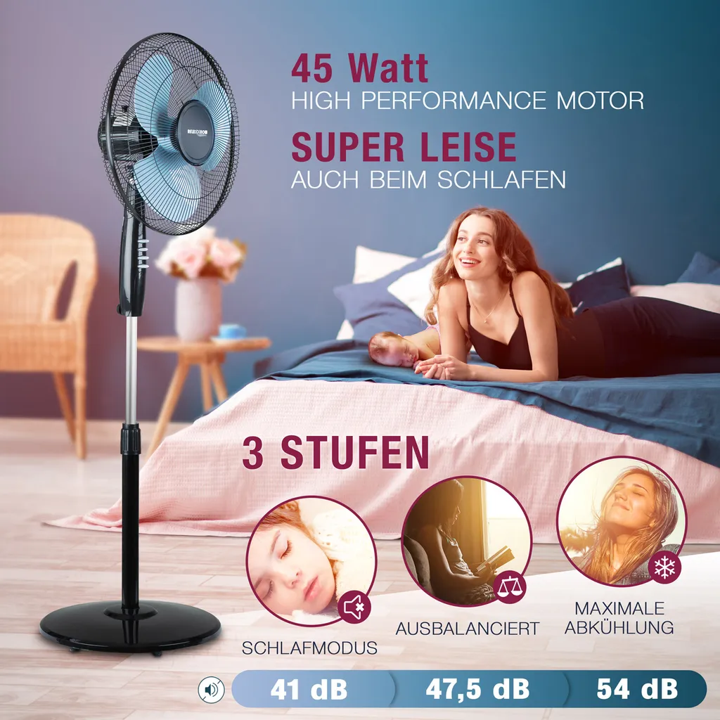 RelaxxNow Super Leiser Standventilator Mit 45W Motoren Leistung, Oszillierender Ventilator Mit 3 Geschwindigkeitsstufen Und Höhenverstellbarkeit Bis 131cm, 41 DB Schlafmodus & 41cm Durchmesser, VTX100 - Image 7