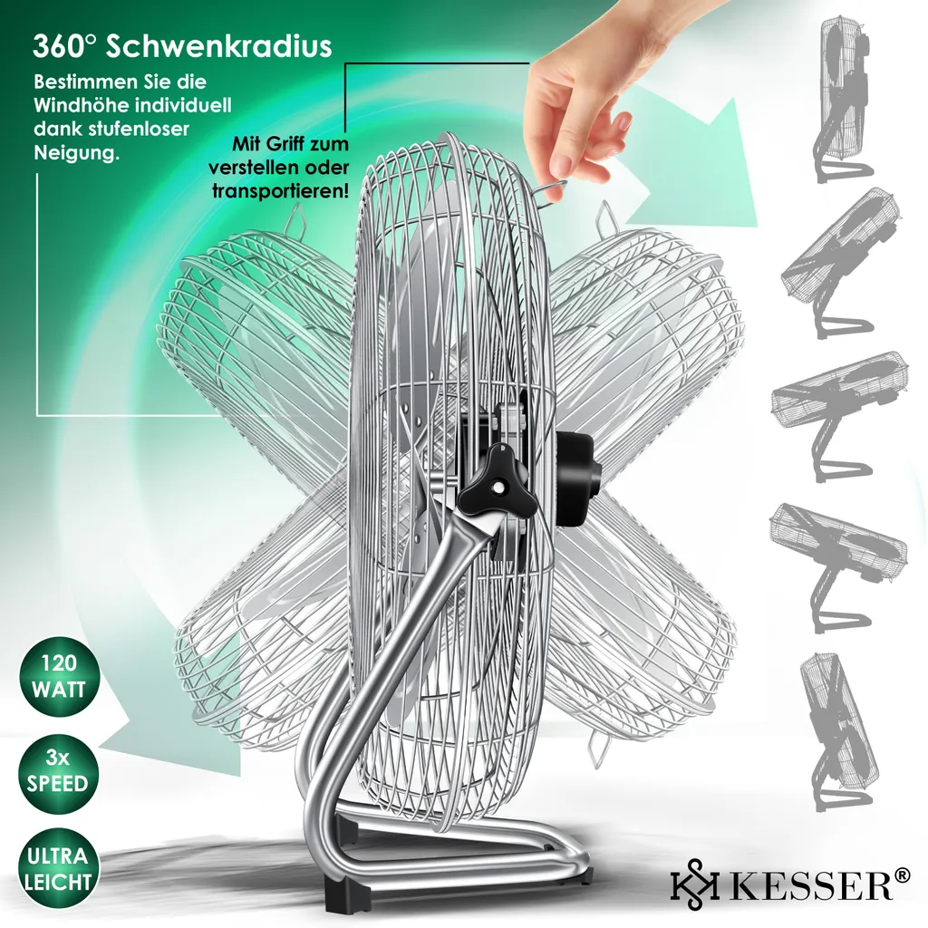 KESSER® Windmaschine Retro Stil | Ventilator In Chrom | Standventilator | Tischventilator Bodenventilator | 3-Stufen | Robuster Stand | Stufenlos Neigbarer Ventilatorkopf | Chrom Silber, Größe:Ø 30cm – Bild 5