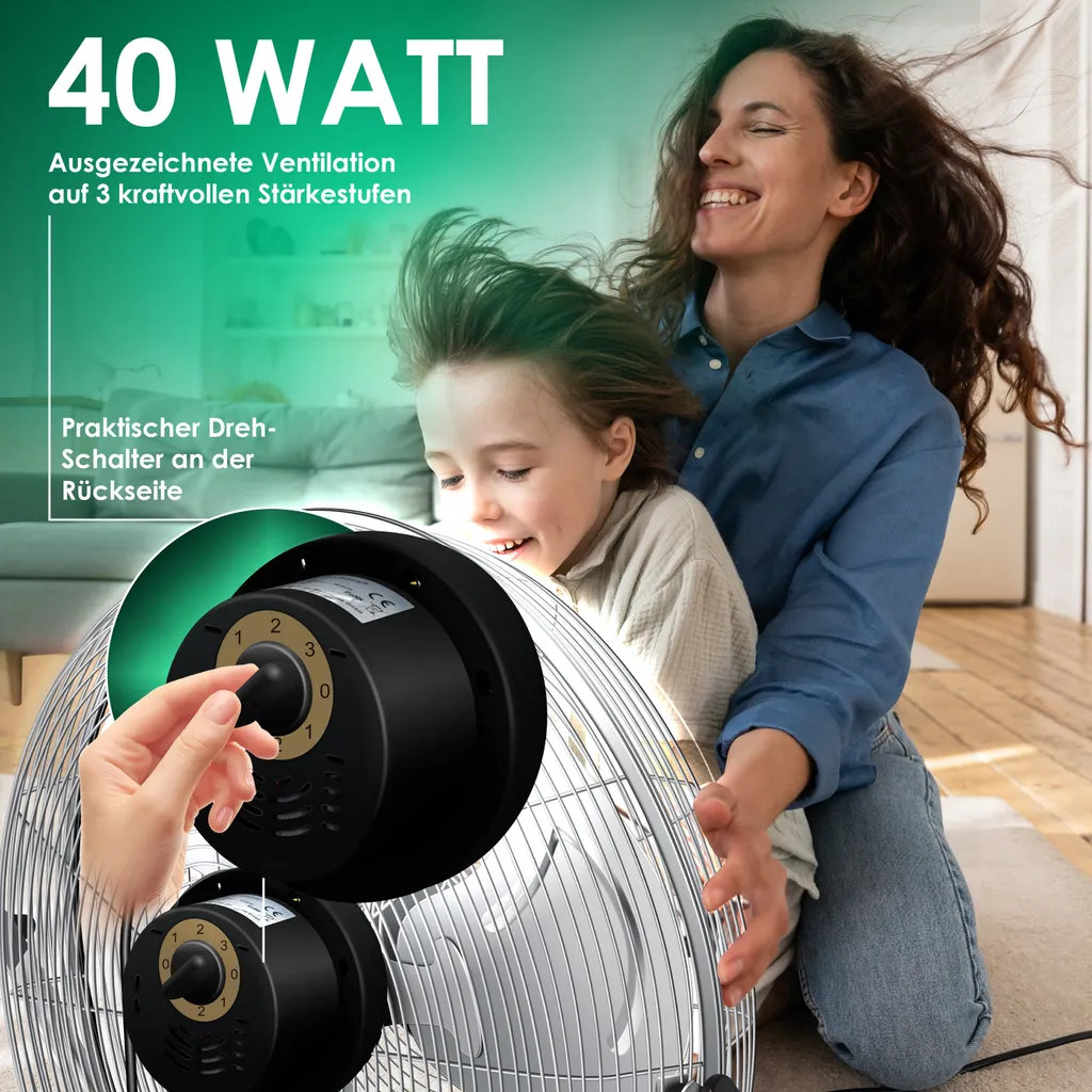 KESSER® Windmaschine Retro Stil | Ventilator In Chrom | Standventilator | Tischventilator Bodenventilator | 3-Stufen | Robuster Stand | Stufenlos Neigbarer Ventilatorkopf | Chrom Silber, Größe:Ø 30cm – Bild 7