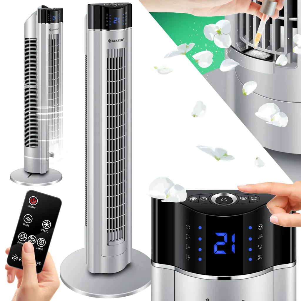 KESSER® Turmventilator Mit Fernbedienung | 3 Stufen | 3 Modi | 107cm | 60 Watt | 7,5 Timer | LED-Leuchten | Tower-Ventilator | Standventilator | Säulenventilator | Luftkühler 90° Oszillierend, Farbe:Silber - Image 2