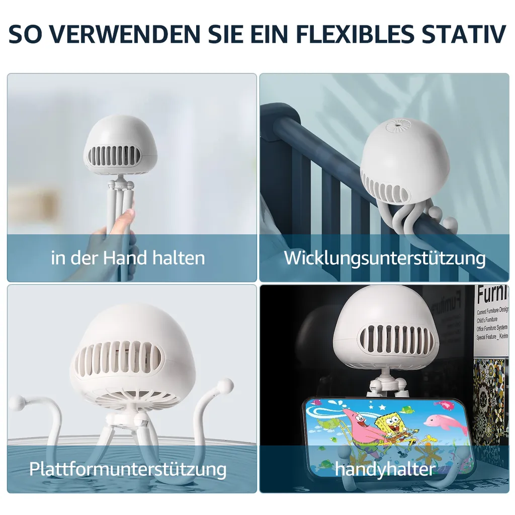 CMYBABEE Kinderwagen Ventilator, Tragbarer Blattloser Ventilator, 3-Gang-Optionen, Wiederaufladbarer, USB Ventilator, Für Kinderwagen, Schreibtisch, Zelt Und Reise, Handheld Ventilator-Weiß - Image 4
