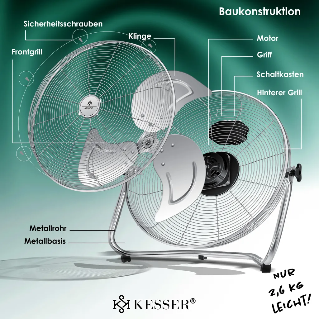 KESSER® Windmaschine Retro Stil | Ventilator In Chrom | Standventilator | Tischventilator Bodenventilator | 3-Stufen | Robuster Stand | Stufenlos Neigbarer Ventilatorkopf | Chrom Silber, Größe:Ø 30cm – Bild 8