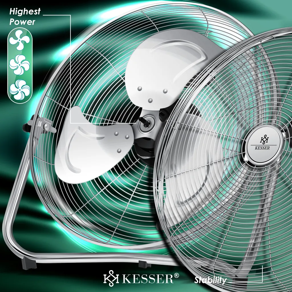 KESSER® Windmaschine Retro Stil | Ventilator In Chrom | Standventilator | Tischventilator Bodenventilator | 3-Stufen | Robuster Stand | Stufenlos Neigbarer Ventilatorkopf | Chrom Silber, Größe:Ø 30cm – Bild 10